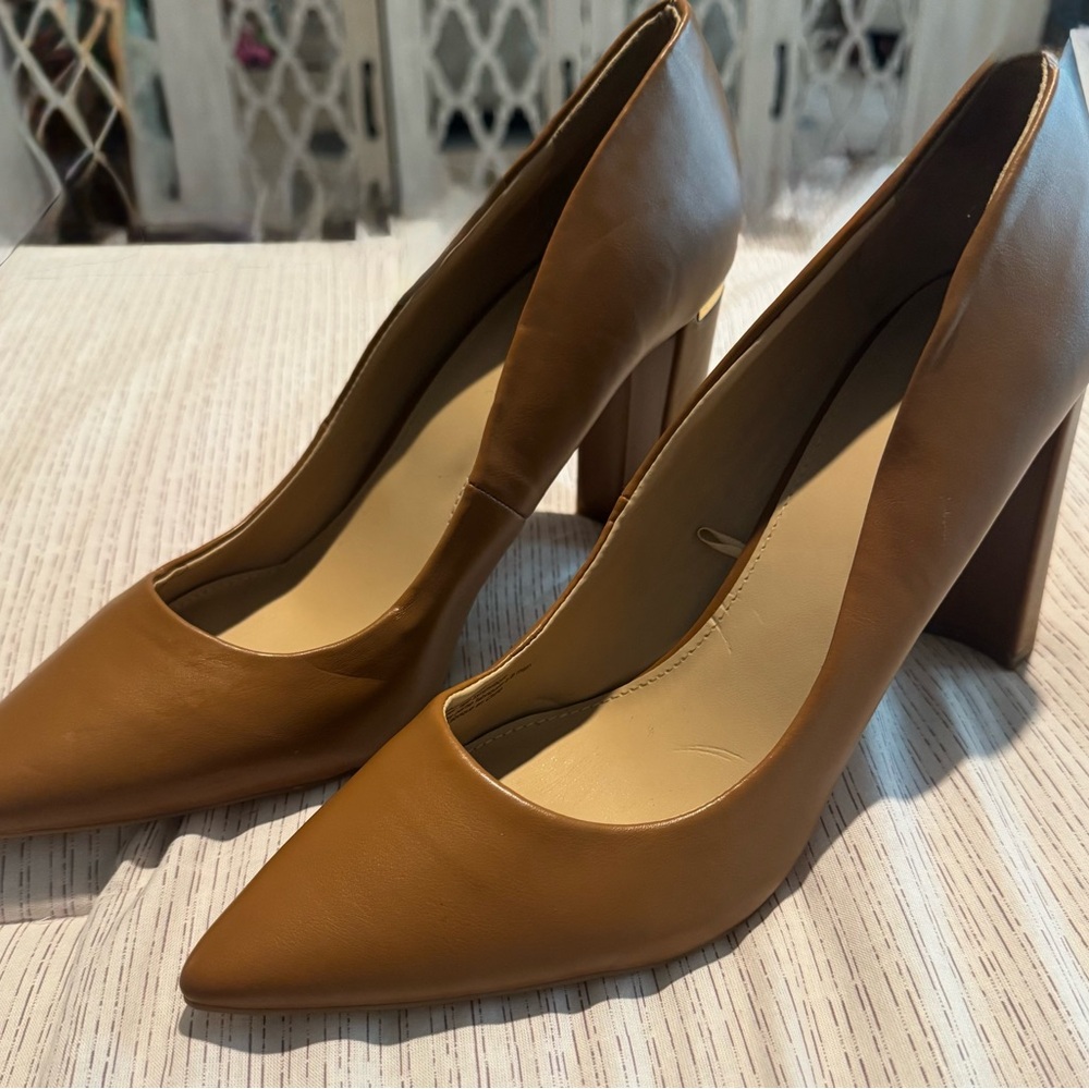 Marc New York Cognac Pointed-Toe Block Heel Pumps
